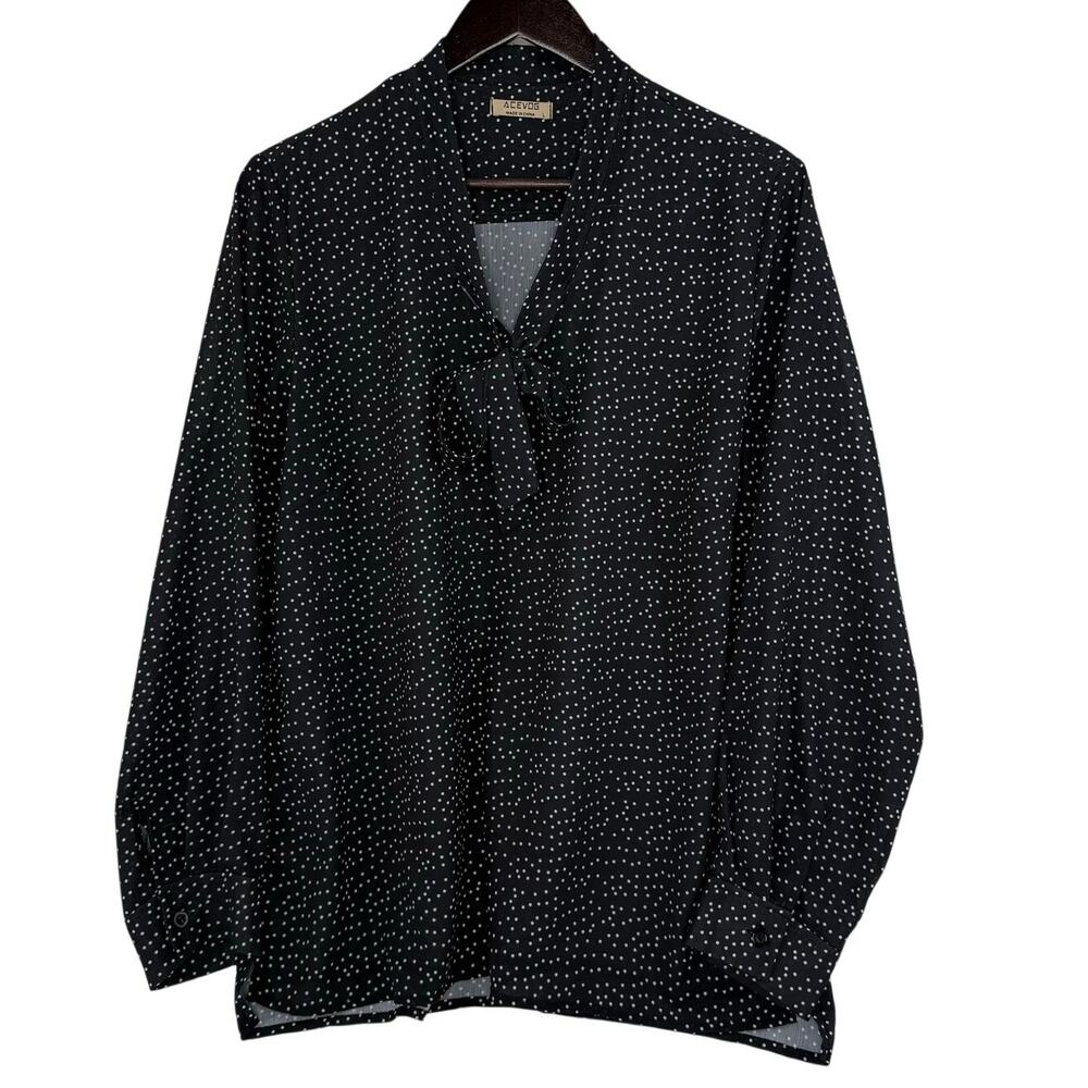 ACEVOG Black Polka Dot Tie Neck Blouse L